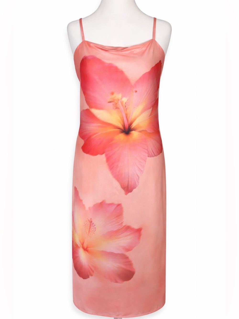 Tropical Hibiscus Cowl Neck Maxi Dress Pink Floral Slip XL